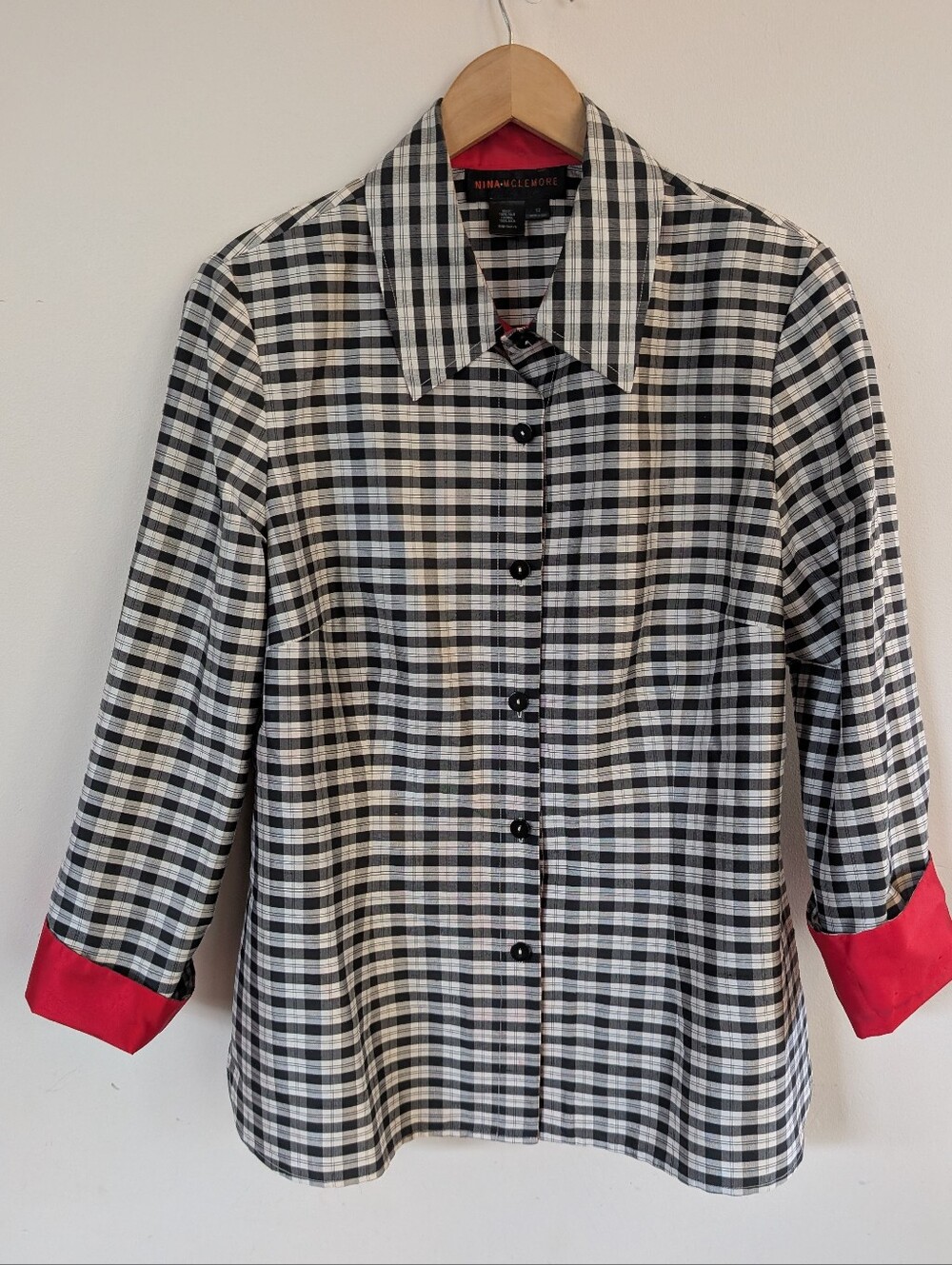 Nina Mclemore 100% Silk Tattersall Silk Dupioni Plaid Shirt Black Check Size 12